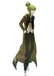 1boy absurdres ascot black_pants coat collared_shirt full_body green_brooch green_coat green_hair hair_bun highres library_of_ruina long_hair long_sleeves male_focus mownai1648 netzach_(project_moon) pants project_moon shirt shoes simple_background solo standing undone_ascot white_background white_shirt white_shoes yellow_eyes