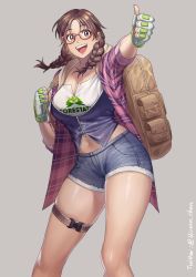 1girl backpack bag bespectacled braid breasts brown_eyes brown_hair cleavage commentary cowboy_shot cutoffs denim denim_shorts english_commentary fingerless_gloves glasses gloves green_gloves hanny_(uirusu_chan) highres julia_chang looking_at_viewer medium_breasts medium_hair namco navel open_mouth overshirt pink_shirt plaid_clothes plaid_shirt print_shirt red-framed_eyewear shiny_skin shirt shorts sleeves_rolled_up smile solo teeth tekken tekken_7 thigh_strap thighs thumbs_up twin_braids twitter_username upper_teeth_only