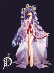 Rule 34 | 00s, 1girl, barefoot, breasts, carnelian, crown, feet, female focus, hat, highres, kao no nai tsuki, kuraki suzuna, long hair, looking at viewer, medium breasts, no bra, no panties, open mouth, purple background, purple hair, see-through clothes, sideboob, solo, tiptoes, very long hair, yellow eyes