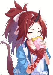 1girl absurdres akane_rouen_aloe aoidelan9 blue_archive blue_haori blush breasts closed_eyes closed_mouth dragon_girl dragon_tail eating food food_in_mouth forehead haori highres holding holding_food horns japanese_clothes long_hair looking_at_viewer makeup ponytail red_hair red_sailor_collar renge_(blue_archive) sailor_collar shirt sideboob sidelocks single_horn solo tail taiyaki wagashi white_shirt