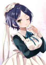 1girl apron arm_under_breasts black_dress black_hair blue_ribbon breasts brown_eyes collared_shirt commentary_request dress frilled_apron frills hand_up hat hayami_kanade highres idolmaster idolmaster_cinderella_girls idolmaster_cinderella_girls_starlight_stage looking_at_viewer maid maid_apron medium_breasts mob_cap neck_ribbon one_eye_closed parted_bangs parted_lips ribbon rino_cnc shirt solo white_apron white_hat
