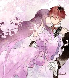 1boy 1girl black_pants black_suit blunt_bangs braid closed_eyes commentary_request dress fern_(sousou_no_frieren) floral_background formal_clothes gloves half_up_braid hands_on_another&#039;s_shoulders hetero highres jacket kiss kissing_cheek long_hair long_sidelocks nanahachi_77889 necktie pants purple_dress purple_hair red_eyes red_hair red_necktie short_hair sidelocks sousou_no_frieren stark_(sousou_no_frieren) straight_hair suit suit_jacket white_gloves