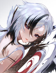Rule 34 | 1girl, arlecchino (genshin impact), black eyes, black hair, genshin impact, grey hair, hair between eyes, highres, long hair, looking at viewer, multicolored hair, orange sekaii, red pupils, solo, streaked hair, symbol-shaped pupils, two-tone hair, white hair, x-shaped pupils