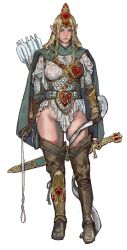 1girl absurdres armor arrow_(projectile) blonde_hair boots braid breasts cape crown elf full_body green_eyes highres horn_(instrument) large_breasts long_hair mossacannibalis pointy_ears scale_armor side_braids solo sword tachi-e thighs twin_braids warhammer_fantasy weapon