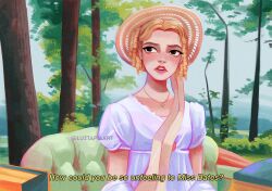 1girl blonde_hair day dress emma_(2020_film) emma_woodhouse english_text hat luztapiaart outdoors short_sleeves solo subtitled tree watermark white_dress