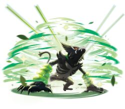 animal_focus artist_request closed_mouth colored_sclera fangs full_body gen_8_pokemon grass green_eyes jungle_healing_(pokemon) leaf mythical_pokemon nintendo no_humans official_art pokemon pokemon_(creature) pokemon_focus pokemon_move pokemon_swsh red_sclera solo sparkle third-party_source transparent_background zarude
