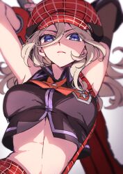1girl alisa_ilinichina_amiella arm_warmers armpits arms_up bare_shoulders black_gloves black_vest blue_eyes bracer breasts newsboy_cap commentary cowboy_shot cropped_vest elbow_gloves fingerless_gloves gloves god_eater god_eater_burst grey_hair hair_between_eyes hat highres holding holding_sword holding_weapon huge_weapon io_(1033k) long_hair looking_at_viewer medium_breasts parted_lips plaid_clothes plaid_skirt red_hat red_skirt sidelocks single_arm_warmer single_elbow_glove skirt solo standing stomach suspender_skirt suspenders suspenders_slip sword vest weapon