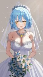 1girl absurdres ahoge blue_hair blush bouquet breasts chest_jewel cleavage collarbone commentary_request cowboy_shot dress elf flower grey_background heart heart_ahoge highres holding holding_bouquet hololive large_breasts pointy_ears short_hair simple_background solo strapless strapless_dress veil virtual_youtuber wedding_dress white_dress winvita yukihana_lamy