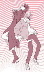 1boy 1girl ahoge back-to-back boots choker closed_mouth commentary_request dress fingernails glasses height_difference highres hood hood_down hoodie jacket limited_palette long_sleeves looking_at_viewer multicolored_hair open_clothes open_jacket pants profile qr0_mu shizuhara_hiruko shoes short_hair signature smile sneakers streaked_hair sumino_takumi sweatdrop swept_bangs the_hundred_line_-last_defense_academy-