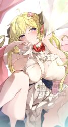 1girl ahoge alternate_breast_size armpits behind_curtains black_shorts blonde_hair blue_halo bow breast_press breasts closed_mouth clothes_pull commentary_request convenient_skirt curtains dress dress_pull fur-trimmed_dress fur_trim hair_bow hair_ornament hair_over_shoulder hairclip halo highres hololive horns knees_up large_breasts long_hair looking_at_viewer no_bra nyas0123 purple_eyes seductive_smile sheep_horns short_dress shorts shorts_under_dress sideboob sleeveless sleeveless_dress smile solo sweatdrop tsunomaki_watame tsunomaki_watame_(1st_costume) underbust virtual_youtuber watermark white_dress