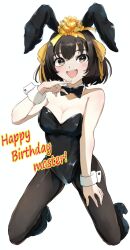 animal_ears black_leotard bow bowtie breasts brown_hair detached_collar fake_animal_ears highres leotard looking_at_viewer master117 medium_breasts open_mouth pantyhose playboy_bunny rabbit_ears ribbon sasai_tuki second-party_source short_hair smile strapless strapless_leotard suzumiya_haruhi suzumiya_haruhi_no_yuuutsu white_background wrist_cuffs yellow_eyes yellow_ribbon