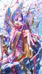 1girl alternate_costume amenoma_kageuchi_(genshin_impact) bare_legs breasts cherry_blossoms chinese_commentary cleavage closed_mouth collarbone commentary_request crossed_legs crystalfly_(genshin_impact) electricity electro_symbol_(genshin_impact) electrokinesis engulfing_lightning_(genshin_impact) feet flower footwear_request genshin_impact hair_flower hair_ornament haran_geppaku_futsu_(genshin_impact) hebbtia high_heel_sandals high_heels highres holding holding_polearm holding_weapon japanese_clothes kagotsurube_isshin_(genshin_impact) katana kimono large_breasts looking_at_viewer mistsplitter_reforged_(genshin_impact) mixed-language_commentary mole mole_under_eye multiple_swords multiple_weapons naginata off_shoulder planted planted_sword planted_weapon polearm purple_eyes purple_flower purple_hair purple_kimono purple_theme raiden_shogun redhorn_stonethresher_(genshin_impact) revision sandals sitting solo sword toes tree uraku_misugiri_(genshin_impact) weapon wide_shot wide_sleeves