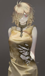 Rule 34 | blonde hair, breasts, brown background, collar, dress, highres, medium breasts, metal collar, ori dal, original, red eyes, torn clothes, yellow dress