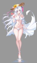 1girl absurdres alternate_costume bare_shoulders bikini blush bow breasts carlotta_(wuthering_waves) cherry commentary cup drinking_glass drinking_straw earrings flower food front-tie_bikini_top front-tie_top fruit full_body grey_background groin hair_bow hat hat_flower highres holding holding_cup jewelry juice lilac_(k32420276) long_hair medium_breasts navel orange_(fruit) orange_slice parted_bangs parted_lips sandals side-tie_bikini_bottom simple_background smile solo stomach swimsuit thigh_gap toes very_long_hair white_bikini wuthering_waves