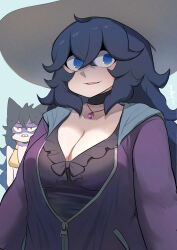 2girls @_@ ahoge bags_under_eyes black_choker black_hair blue_eyes breasts choker cleavage frilled_one-piece_swimsuit frills gen_1_pokemon gengar hair_between_eyes hat hex_maniac_(pokemon) highres hood hood_down humanization jacket jacket_over_swimsuit jewelry john_(a2556349) large_breasts long_hair messy_hair multiple_girls nintendo one-piece_swimsuit open_mouth pendant pokemon smile sun_hat sweat swimsuit zipper