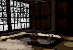 ashes bare_tree cabin condensation fire futon hanging_object highres hisachan55cute indoors irori_(hearth) jizaikagi no_humans original pixel_art scenery snowing teapot tree window window_fog winter