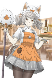 1girl absurdres apron black_pantyhose blurry blurry_background bottle closed_mouth colored_eyelashes commentary food grey_hair grey_skirt hair_ornament hat hat_with_ears highres holding looking_at_viewer margherita_(wuthering_waves) mittens orange_eyes oven_mitts pantyhose shirt short_sleeves short_twintails single_mitten skirt smile solo tail tray twintails white_eyelashes white_hat white_shirt wuthering_waves yoru_(tokumori_umaai)
