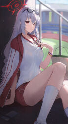 1girl absurdres blue_archive blurry blurry_background braid breasts closed_mouth clothes_pull commentary_request day eyewear_on_head feet_out_of_frame glasses grey_hair gym_shirt gym_uniform halo haruna_(blue_archive) haruna_(track)_(blue_archive) highres jacket jacket_on_shoulders jianjia large_breasts long_hair looking_at_viewer multiple_wristbands official_alternate_costume outdoors pulling_own_clothes railing red_eyes red_halo red_shorts red_trim running_track shirt shirt_pull shorts side_braid single_braid sitting socks stadium sunlight track_jacket white_shirt white_socks wristband