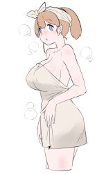 1girl bandana bare_shoulders blue_eyes breasts brown_eyes cleavage highres intrepid_(kancolle) kantai_collection large_breasts naked_towel ponytail short_hair simple_background solo standing steam tamu_(mad_works) towel white_background