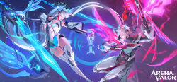 1boy 1girl absurdres airi_(arena_of_valor) aqua_eyes arena_of_valor arm_armor armor bare_shoulders blue_eyes breasts chest_armor cleavage cleavage_cutout clothing_cutout detached_sleeves dual_wielding facing_another fighting_stance floating floating_object floating_weapon gloves glowing glowing_headgear glowing_weapon gluteal_fold gun headgear highres holding holding_gun holding_weapon huge_weapon hyulla laville_(arena_of_valor) leg_armor long_hair long_sleeves medium_breasts multicolored_gloves open_mouth see-through_clothes shoulder_armor thighhighs thighs twintails weapon