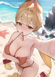 1girl absurdres alice_thymefield alternate_costume animal_ears armpits bare_shoulders beach bikini blonde_hair blush breasts cleavage collarbone commentary day from_above hair_ornament hetero heterochromia highres large_breasts long_hair looking_at_viewer low_twintails mouth_hold myumyu431 ocean orange_bikini orange_eyes outdoors pom_pom_(clothes) pom_pom_hair_ornament red_eyes sand selfie shore solo sphere_hair_ornament starfish swimsuit twintails undone_bikini water zenless_zone_zero