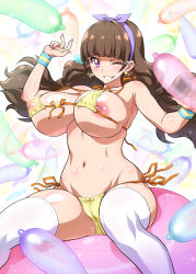 1girl amanogawa_kirara balloon bikini blunt_bangs breasts brown_hair cameltoe colored_condom condom condom_balloon earrings female_focus fingernails front-tie_top go!_princess_precure grin hairband huge_breasts jewelry joy_ride long_fingernails long_hair nail_polish nipple_slip nipples one_eye_closed plump precure purple_eyes sexually_suggestive side-tie_bikini_bottom sitting smile solo sparkle star_(symbol) star_earrings swimsuit thighhighs white_thighhighs yellow_bikini