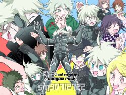 &gt;_&lt; 2girls 6+boys :o \m/ ^_^ ahoge akamatsu_kaede android arms_up artist_name back-to-back bare_arms baseball_cap belt black_hat black_jacket black_mask black_scarf blazer blonde_hair blue_background blue_eyes blue_hair blue_jacket blunt_bangs breast_pocket brown_hair buttons capelet character_name checkered_clothes checkered_scarf clenched_hands closed_eyes closed_mouth collared_capelet collared_jacket collared_shirt commentary_request covered_mouth cropped_torso crossdressing danganronpa:_trigger_happy_havoc danganronpa_(series) danganronpa_2:_goodbye_despair danganronpa_v3:_killing_harmony double_\m/ english_text eyelashes fortissimo frown fujisaki_chihiro full_body green_eyes green_jacket green_necktie grey_hair hair_ornament hand_on_headwear hand_on_own_chest hand_on_own_head happy hat high_collar hinata_hajime hood hood_down hooded_jacket jacket k1-b0 komaeda_nagito lapels leaning_back long_eyelashes long_hair long_sleeves looking_ahead male_focus mask messy_hair mouth_mask multiple_boys multiple_girls multiple_views musical_note musical_note_hair_ornament naegi_makoto nanami_chiaki necktie notched_lapels oma_kokichi open_clothes open_jacket outline pink_eyes pink_hair pink_vest pinstripe_jacket pinstripe_pattern pocket pointy_nose red_background saihara_shuichi scarf shachoo_(poco_poco) shirt short_hair short_sleeves smile spiked_hair sweatdrop teeth trap two-tone_scarf undershirt upper_teeth_only v-shaped_eyes vest watermark white_belt white_capelet white_hair white_jacket white_outline white_scarf white_shirt wide-eyed wrist_belt yellow_background zipper zipper_pull_tab