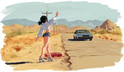 2girls arm_up ass black_hair car chainsaw_man day denim denim_shorts desert gurumo_(twitter) higashiyama_kobeni highres hitchhiking micro_shorts motor_vehicle multiple_girls outdoors ponytail power_(chainsaw_man) power_lines road sandals shirt short_ponytail shorts utility_pole virtual_youtuber white_shirt