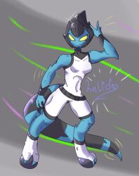 1girl alien arm_up ben_10 black_stripes blue_skin bodysuit colored_skin genderswap helido24 lizard_tail omnitrix redesign reptile_girl self-upload simple_background skinny smile striped_tail tail v xlr8 yellow_eyes