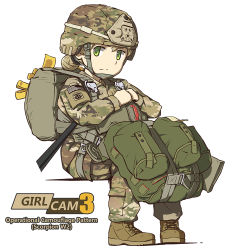 1girl 82_airborne american_flag backpack bag blonde_hair camouflage copyright_name female_focus graphite_(medium) green_eyes helmet looking_at_viewer military military_combat_uniform military_uniform original parachute paratrooper patch simple_background sitting smile soldier solo tanto_(tc1995) traditional_media united_states_army white_background