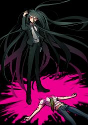 Rule 34 | 2boys, black hair, black jacket, black pants, blood, collared shirt, corpse, danganronpa (series), danganronpa 2: goodbye despair, decapitation, green necktie, highres, hinata hajime, jacket, kamukura izuru, long hair, long sleeves, looking at viewer, male focus, multiple boys, necktie, pants, pink blood, red eyes, shirt, very long hair, white shirt, youko-shima