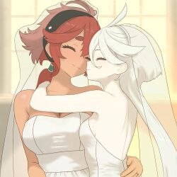 2girls absurdres arms_around_neck bare_arms bare_shoulders black_hairband bluelikesfrens bridal_veil closed_eyes closed_mouth commentary dark-skinned_female dark_skin dress english_commentary gundam gundam_suisei_no_majo hairband hand_on_another&#039;s_waist highres jewelry long_hair miorine_rembran multiple_girls off-shoulder_dress off_shoulder ponytail red_hair ring smile suletta_mercury thick_eyebrows veil wedding_ring white_dress white_hair wife_and_wife yuri