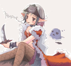 1girl 2000s_(style) bad_id bandana belt_collar black_bandana black_eyes bra breasts brown_pantyhose cigarette coat collar dagger earrings feet_out_of_frame fishnet_pantyhose fishnets fur-trimmed_coat fur_trim ghost grey_hair holding holding_dagger holding_knife holding_weapon jewelry knife looking_at_viewer medium_breasts navel open_clothes open_coat pantyhose pointy_ears ragnarok_online red_bra rogue_(ragnarok_online) sheet_ghost short_hair short_sleeves simple_background sitting smoking solo underwear weapon whisper_(ragnarok_online) yukitarou_(awamori)