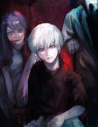 1girl 2boys black_shirt blood blood_on_face chair dress formal_clothes glasses grey_eyes hand_on_own_head heterochromia highres hockey_mask kamishiro_rize kaneki_ken long_hair looking_at_viewer mask multiple_boys omori_yakumo purple_hair red_background red_eyes shaded_face shadow shirt short_hair shorts sitting suit tokyo_ghoul white_dress white_hair white_shorts white_suit xa8uofivf2mcart