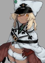 1girl absurdres armband blonde_hair breasts coat commentary dark-skinned_female dark_skin grey_background guilty_gear hands_on_own_hips hat highres long_hair midriff_peek navel peaked_cap ramlethal_valentine short_shorts shorts skindentation small_breasts standing thigh_strap thighhighs yaro_day yellow_eyes zettai_ryouiki