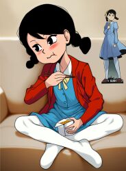 Rule 34 | 1girl, black eyes, black hair, blue dress, blush, braid, closed mouth, couch, dc comics, dress, eating, full body, headband, highres, jacket, long sleeves, looking afar, maximil66748460, medium hair, multiple views, pantyhose, red jacket, reference inset, roberta lee, sitting, standing, superman (series), superman smashes the klan, twin braids, white pantyhose