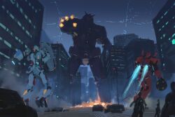 absurdres armor ball_and_chain_(weapon) battle black_armor building car city colony_interior finger_cannon fire from_behind gquuuuuux gundam gundam_gquuuuuux highres holding holding_flail holding_shield holding_weapon icemarv14 mecha mecha_focus mobile_suit motor_vehicle outdoors outstretched_arm outstretched_hand powering_up psyco_gundam red_armor red_gundam road robot shield space_habitat street thrusters v-fin weapon white_armor