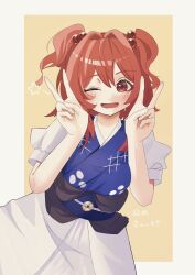 1girl ;d blush coin commentary double_v eik_s2 hair_bobbles hair_ornament highres looking_at_viewer obi one_eye_closed onozuka_komachi open_mouth red_eyes red_hair sash short_sleeves simple_background smile solo star_(symbol) touhou two_side_up v yellow_background