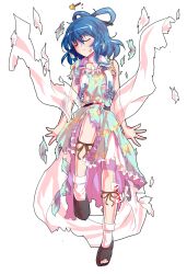 Rule 34 | 1girl, alphes (style), black shoes, blue hair, blush, breasts, commentary request, dairi, defeat, dress, flower, full body, hair ornament, hair rings, hair stick, highres, kaku seiga, large variant set, ofuda, parody, shawl, shoes, simple background, socks, solo, style parody, tachi-e, torn clothes, touhou, transparent background, variant set, vest, white socks, white vest