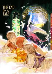 1boy 1girl aged_down bird brother_and_sister brown_hair castle cat chimera closed_eyes commentary_request copyright_name dragon_girl dress dungeon_meshi english_text falin_touden falin_touden_(chimera) feathered_wings floral_print green_shirt highres kensuke_(dungeon_meshi) korean_commentary laios_touden light_blush long_hair lying medium_hair on_bed on_side on_stomach orange_cat outstretched_arms pants petting purple_shirt red_ribbon red_shirt ribbon shirt short_hair siblings smile stained_glass sword translated wawa_(wawawa0080) weapon white_dress white_pants wings