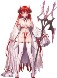 1girl absurdly_long_hair armpit_crease bare_shoulders black_horns blush boots bra breasts cleavage closed_mouth cupless_bra curved_horns demon_girl detached_collar earrings evertale frilled_armlet garter_straps gluteal_fold groin hair_between_eyes high_heel_boots high_heels highres holding holding_pitchfork holding_polearm holding_weapon horns jewelry lace_collar linea_alba long_hair looking_at_viewer medium_breasts navel neck_ribbon official_art open_clothes open_robe pitchfork pointy_ears polearm popqn red_eyes red_garter_belt red_hair red_ribbon red_thong revealing_clothes ribbon robe satan_(evertale) shiny_skin skindentation solo sparks standing striped_clothes striped_thighhighs thigh_boots thighhighs trident underwear vertical-striped_clothes vertical-striped_thighhighs very_long_hair weapon white_bra white_garter_straps white_robe white_thighhighs