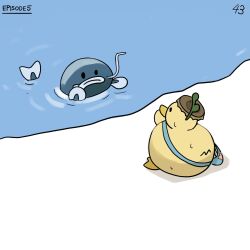 bird blue_bag catfish commentary diva_(hyxpk) duck duckling english_commentary fish frog_headband highres no_humans numbered original page_number pond sweat