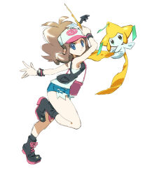 1girl absurdres baseball_cap black_vest blue_eyes breasts brown_hair closed_mouth cutoffs denim denim_shorts exposed_pocket gen_3_pokemon hat high_ponytail highres hilda_(pokemon) holding holding_wand jirachi legendary_pokemon long_hair looking_at_viewer mythical_pokemon nintendo nyagiratwist open_clothes open_vest poke_ball_print pokemon pokemon_(creature) pokemon_bw ponytail shirt short_shorts shorts sidelocks vest wand white_shirt wristband