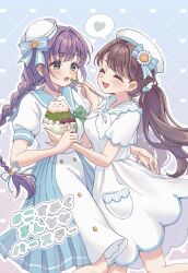 2girls :d :o ^_^ absurdres alternate_costume alternate_hairstyle animal-themed_food blue_background blue_bow blush bow bowl braid braided_ponytail breasts brown_hair cat closed_eyes commentary dixie_cup_hat dress dress_pocket feeding feet_out_of_frame food fujishima_megumi glass_bowl gradient_background green_eyes grey_background grid_background hat hat_bow heart highres hiyori_(20hiyori727) holding holding_bowl holding_food holding_spoon link!_like!_love_live! long_hair love_live! low_twintails medium_breasts medium_dress military_hat multiple_girls open_mouth otomune_kozue pleated_dress pocket puffy_short_sleeves puffy_sleeves purple_hair short_sleeves sidelocks smile speech_bubble spoken_heart spoon striped_bow translation_request twintails very_long_hair white_dress white_hat