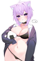 ... 1girl ahoge animal_ears belt belt_collar black_belt black_bra black_choker black_collar black_panties blush bra breasts cat_ears cat_girl choker cleavage closed_mouth collar collarbone collared_shirt commentary gluteal_fold hololive hood hoodie looking_at_viewer medium_hair navel negima_(le_ne38) nekomata_okayu nekomata_okayu_(oversized_shirt) onigirya_(nekomata_okayu) panties purple_eyes purple_hair purple_hoodie shirt simple_background sleeves_past_fingers sleeves_past_wrists smile solo spoken_ellipsis stomach sweatdrop thighs underwear very_long_sleeves virtual_youtuber white_background white_shirt