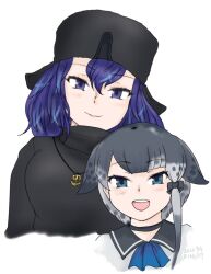 Rule 34 | 2girls, anchor necklace, black bow, black choker, black dress, black hair, blowhole, blue eyes, blue hair, blue neckerchief, blush, bow, choker, dress, fins, grey dress, grey hair, hair between eyes, hair bow, hat, head fins, height difference, japari symbol, jewelry, kemono friends, long hair, multicolored hair, multiple girls, narwhal (kemono friends), neckerchief, necklace, open mouth, sailor collar, saja (166j357), short hair with long locks, sidelocks, smile, sperm whale (kemono friends), turtleneck, ushanka