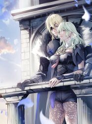 1boy 1girl armor black_armor black_fur black_shirt black_shorts blonde_hair blue_eyes breastplate breasts brown_pantyhose cape closed_mouth dimitri_alexandre_blaiddyd dimitri_alexandre_blaiddyd_(timeskip) eyepatch female_byleth_(enlightened)_(fire_emblem) female_byleth_(fire_emblem) fire_emblem fire_emblem:_three_houses fur-trimmed_cape fur_trim gauntlets green_eyes green_hair hair_between_eyes highres long_hair looking_to_the_side medium_breasts medium_hair nintendo one_eye_covered pantyhose pantyhose_under_shorts patterned_legwear shirt short_shorts short_sleeves shorts wavy_hair white_fur zat_296