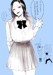 +++ 1boy 1girl :d arm_behind_back black_hair blue_background blush bow bowtie breast_pocket breasts claw_pose collared_shirt commentary cowboy_shot dress_shirt forehead full_body goshiki_suzu half-closed_eyes hand_up heart height height_difference high_contrast highres konishiya_shiyori_(goshiki_suzu) large_breasts long_hair nail_polish open_mouth original parted_bangs partially_colored pink_hair pleated_skirt pocket shirt skirt smile solo_focus speech_bubble standing thought_bubble