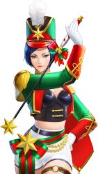 Rule 34 | 1girl, blue eyes, blue hair, bow, bra, breasts, christmas, elisabeth blanctorche, female focus, gloves, hat, jacket, long sleeves, medium breasts, open clothes, pale skin, pants, short hair, shorts, standing, star (symbol), the king of fighters, the king of fighters all-stars, thighs, tight clothes, tight pants, underwear