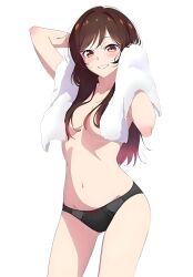 1girl absurdres after_bathing arm_up artist_request blush breasts brown_eyes brown_hair collarbone cowboy_shot drying drying_hair hair_over_breasts hand_up highres kanojo_okarishimasu long_hair looking_at_viewer medium_breasts mizuhara_chizuru navel official_art simple_background smile solo topless_female towel towel_around_neck white_background